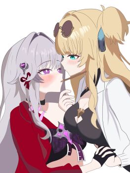 2girls aqua_eyes aquamarine725 black_choker black_gloves blonde_hair blush breasts choker cleavage cleavage_cutout clothing_cutout dress eye_contact eyewear_on_head food food_in_mouth gloves green_eyes grey_hair hair_intakes hair_ornament hand_on_another&#039;s_chin highres holding_hands honkai_(series) honkai_impact_3rd interlocked_fingers jacket large_breasts long_hair long_sleeves looking_at_another medium_breasts multiple_girls pocky pocky_day pocky_in_mouth pocky_kiss purple_eyes red_jacket shared_food simple_background songque songque_(astralop) sunglasses thelema_nutriscu thelema_nutriscu_(mad_pleasure:_shadowbringer) two_side_up upper_body white_background white_jacket yuri