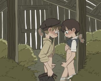 2boys aomuke blush brown_hair clothes_in_mouth hat male_focus male_masturbation masturbation mouth_hold multiple_boys open_mouth original penis shirt_in_mouth short_hair shota upper_body yaoi