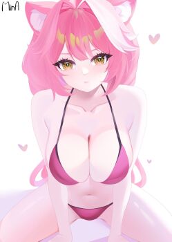 1girl animal_ears artist_name bare_shoulders bikini blush breasts cleavage closed_mouth collarbone commentary eyelashes hair_intakes heart highres hololive hololive_english huge_breasts long_hair looking_at_viewer minaaswet multicolored_hair navel panther_ears panther_girl pink_bikini pink_hair pink_lips raora_panthera simple_background sitting solo stomach streaked_hair swimsuit thighs two-tone_hair virtual_youtuber white_background yellow_eyes