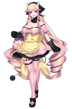 1girl :d apron bare_shoulders basket black_bow black_headscarf black_headwear black_mittens black_shoes blue_eyes bottle bow breasts center_frills cleavage collarbone cow_horns dress drill_hair footwear_bow frilled_apron frilled_dress frills garter_straps gen_2_pokemon headscarf holding holding_basket horns katagiri_hachigou large_breasts long_hair milk milk_bottle miltank mittens moomoo_milk nintendo off_shoulder open_mouth personification pink_dress pink_hair pink_thighhighs pokemon pokemon_tail puffy_short_sleeves puffy_sleeves round_teeth shoes short_sleeves smile solo tail teeth thighhighs toe_cleavage very_long_hair waist_apron yellow_apron zettai_ryouiki