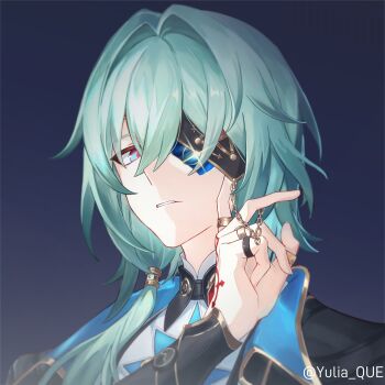 1boy absurdres anaxa_(honkai:_star_rail) artist_name blue_background blue_eyes chinese_commentary commentary_request english_text eyepatch green_hair grey_hair hair_between_eyes highres honkai:_star_rail honkai_(series) jacket jewelry lanmei_nai_fu_ye long_hair long_sleeves looking_at_viewer male_focus red_pupils ring simple_background solo tattoo teeth