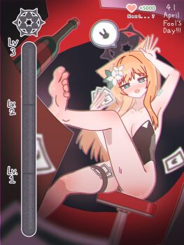 1girl animal_ears april_fools banknote blue_archive blue_eyes blush bottle flower hair_flower hair_ornament halo highres holding holding_money horuhara leg_ribbon leg_up long_hair looking_at_viewer mari_(blue_archive) money orange_hair playboy_bunny ribbon solo tucked_money white_flower wine_bottle