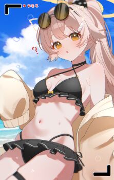 1girl absurdres alternate_costume alternate_hairstyle bikini black_bikini black_nails blue_archive bow breasts brown_hair cleavage commentary criss-cross_halter day dot_nose eyewear_on_head frilled_bikini frills hair_bow hair_ornament halo halterneck hifumi_(blue_archive) high_ponytail highleg highleg_bikini highres jacket long_hair long_sleeves looking_at_viewer multi-strapped_bikini_bottom nail_polish navel open_clothes open_jacket open_mouth outdoors polka_dot polka_dot_bow ponytail puffy_long_sleeves puffy_sleeves recording round_eyewear shusuchii side-tie_bikini_bottom small_breasts solo sunglasses swimsuit symbol-only_commentary thigh_strap viewfinder wing_hair_ornament yellow_eyes yellow_halo