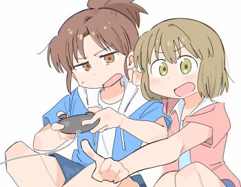 2girls blonde_hair blue_hoodie blue_shirt blue_shorts brown_eyes brown_hair city_(arawi_keiichi) collared_jacket controller dot_nose game_controller green_eyes highres holding holding_controller holding_game_controller hood hood_down hoodie jacket looking_at_another medium_hair multiple_girls nagumo_midori niikura_(city) open_clothes open_hoodie open_jacket open_mouth pink_jacket pointing ponytail shirt short_hair short_sleeves shorts sidelocks simple_background sitting white_background white_shirt wichimi