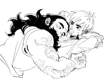 2boys alternate_facial_hair bara beard biceps blush chest_hair_peek chilchuck_tims couple cuddling dungeon_meshi dwarf eye_contact facial_hair goatee_stubble greyscale hairy highres jona_(codeantlthese) long_beard looking_at_another lying lying_on_person male_focus monochrome multiple_boys muscular muscular_male mustache mustache_stubble on_back senshi_(dungeon_meshi) sketch stubble thick_arm_hair thick_mustache very_long_beard yaoi