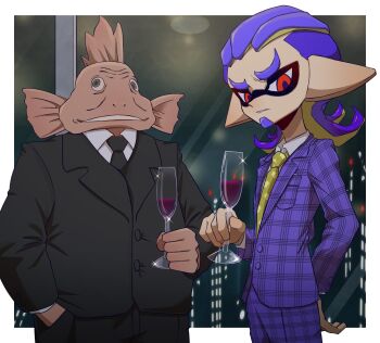 Rule 34 | 2boys, alcohol, arm behind back, beard, black suit, commentary request, cup, drinking glass, eye mask, facial hair, formal clothes, hand in pocket, highres, holding, holding cup, inkling boy, inkling player character, long pointy ears, mask, medium hair, multiple boys, nanimaroom, necktie, nintendo, pointy ears, purple hair, purple suit, red eyes, splatoon (series), suit, thick eyebrows, wine, wine glass