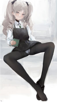 1girl absurdres belt black_belt black_bow black_dress black_pantyhose black_shoes bow closed_mouth collared_shirt commentary cor_(mono_poem) crotch_seam dress dress_shirt ear_piercing earrings fingernails full_body grey_eyes grey_hair hair_bow highres holding holding_notepad jewelry legs light_blush loafers long_hair long_sleeves looking_at_viewer necklace notepad original panties panties_under_pantyhose pantyhose parted_bangs piercing pinafore_dress shirt shoes short_dress single_shoe sitting sleeveless sleeveless_dress solo split_mouth spread_legs symbol-only_commentary twintails undershirt underwear upskirt white_background white_panties white_shirt