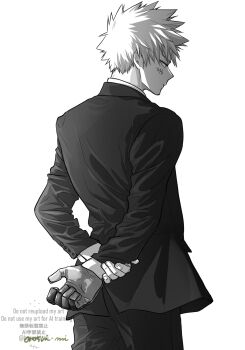 1boy absurdres arms_behind_back bakugou_katsuki boku_no_hero_academia closed_mouth collared_shirt commentary_request formal_clothes greyscale hand_on_own_wrist highres jacket looking_to_the_side male_focus monochrome oroshi_mi pants scar scar_on scar_on_face shirt short_hair simple_background solo spiked_hair suit suit_jacket watermark white_background
