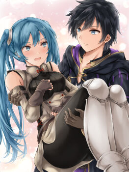 1boy 1girl alternate_eye_color alternate_hair_color ass bare_shoulders black_hair black_robe blue_eyes blue_hair blush brown_gloves carrying carrying_person closed_mouth commentary_request commission detached_sleeves fingerless_gloves fire_emblem fire_emblem_awakening gloves highres hood hooded_robe kei_(asufend) long_hair looking_at_another male_robin_(fire_emblem) nintendo open_clothes open_mouth pixiv_commission princess_carry robe severa_(fire_emblem) short_hair smile twintails very_long_hair
