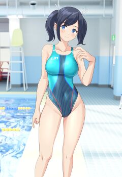 1girl absurdres alternate_costume aqua_one-piece_swimsuit black_hair blue_eyes blue_one-piece_swimsuit breasts competition_swimsuit covered_navel hair_ribbon highleg highleg_one-piece_swimsuit highres indoors kantai_collection large_breasts long_hair multicolored_swimsuit one-piece_swimsuit pool poolside ribbon smile souryuu_(kancolle) swimsuit takafumi twintails white_ribbon