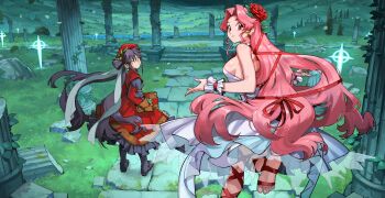 2girls absurdres beret black_boots boots brown_gloves closed_mouth dante_alighieri_(hell_maiden) dress flower frilled_dress frills gloves hair_flower hair_intakes hair_ornament hair_ribbon hat hell_maiden highres laurels letro long_hair long_sleeves looking_at_viewer low_twintails multiple_girls pink_hair puffy_long_sleeves puffy_sleeves red_dress red_flower red_hat ribbon smile twintails very_long_hair virgil_(hell_maiden)