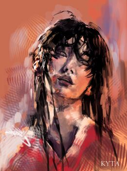 1boy bags_under_eyes black_eyes black_hair bloodshot_eyes hair_over_shoulder head_tilt highres kyta_5 long_hair looking_at_viewer male_focus noctis_(shadow_slave) painterly parted_lips portrait red_shirt shadow_slave shirt solo