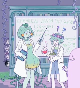 2girls 4boys antenna_hair aubrey_(headspace)_(omori) aubrey_(omori) basil_(headspace)_(omori) basil_(omori) black_eyes black_hair blue_overalls book bookshelf bow breasts cleavage closed_mouth colored_skin commentary_request dress earrings flower flower_pot flower_wreath green_dress green_eyes green_hair green_shirt green_skin hair_bow head_wreath hero_(headspace)_(omori) hero_(omori) highres holding holding_book holding_flower_pot holding_pointer humphrey_(omori) jewelry kel_(headspace)_(omori) kel_(omori) lab_coat long_hair looking_at_another medium_breasts medusa_(omori) multiple_boys multiple_girls omori omori_(omori) open_mouth overall_shorts overalls panyanonidaime plant pointer potted_plant purple_eyes purple_hair red_eyes shirt short_hair standing t-shirt teeth translation_request triangle_mouth upper_teeth_only vines white_skin whiteboard