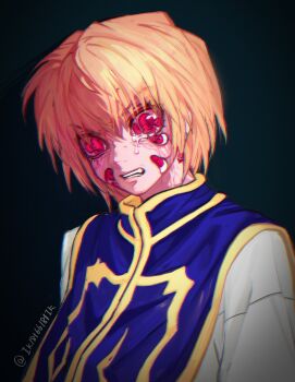 1boy androgynous black_background blonde_hair blue_tabard body_horror crying crying_with_eyes_open crystal_earrings earrings extra_eyes eyelashes fang highres hunter_x_hunter ik18166181ik jewelry kurapika red_eyes shirt single_earring tabard tears teeth twitter_username veins veins_around_eyes veiny_neck white_shirt