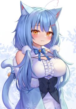 1girl :3 absurdres ahoge animal_ears blue_hair breasts cat_ears cat_girl cat_tail cleavage cleavage_cutout closed_mouth clothing_cutout deaver hair_ornament hairclip highres hololive large_breasts long_hair looking_at_viewer low_twintails smile solo tail twintails virtual_youtuber yellow_eyes yukihana_lamy