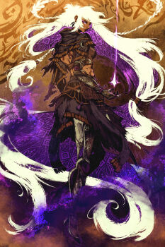 1girl akramness breasts copyright_request dark_skin eyeshadow highres long_hair looking_at_viewer magic makeup multicolored_hair muscular muscular_female prosthesis prosthetic_leg purple_hair solo very_long_hair white_hair