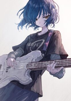 1girl absurdres bass_guitar black_shirt blue_hair bocchi_the_rock! electric_guitar endroll00 guitar hair_ornament highres holding holding_instrument instrument kessoku_band layered_sleeves leaning_back long_sleeves looking_down music playing_instrument serious shirt short_hair short_over_long_sleeves short_sleeves white_background yamada_ryo yellow_eyes