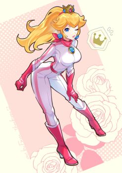 Rule 34 | 1girl, bandana, biker clothes, biker peach, bikesuit, blonde hair, blue eyes, bodysuit, boots, breasts, closed mouth, crown, earrings, gloves, highres, jewelry, large breasts, long hair, looking at viewer, mario (series), mario kart, mario kart world, nintendo, official alternate costume, one eye closed, pink bandana, pink bodysuit, pink gloves, pink lips, pink scarf, ponytail, princess peach, racing suit, rakugakifuyu, scarf, smile, solo, sphere earrings