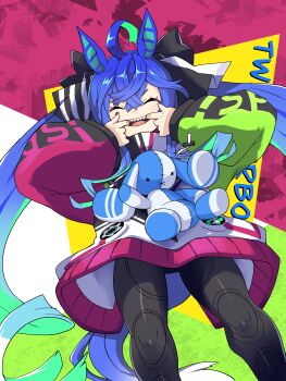 1girl absurdres ahoge animal_ears aqua_hair black_leggings black_nails blue_hair bow closed_eyes colorful_background commentary_request crossed_bangs dokuma3 drawstring feet_out_of_frame finger_in_own_mouth hair_bow highres hood hoodie horse_ears horse_girl horse_tail leggings long_hair long_sleeves mouth_pull multicolored_hair multicolored_hoodie open_mouth sharp_teeth sidelocks solo striped_bow stuffed_animal stuffed_rabbit stuffed_toy tail teeth twin_turbo_(blast_mode!_turbo_engine)_(umamusume) twin_turbo_(umamusume) twintails two-tone_hair umamusume very_long_hair