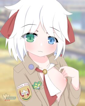 1girl absurdres breasts exhibitionism female_focus flashing flat_chest highres indonesia loli looking_at_viewer nipples one_breast_out oppai_challenge oppai_loli original parody public_indecency russia school_uniform shikiki short_hair white_hair