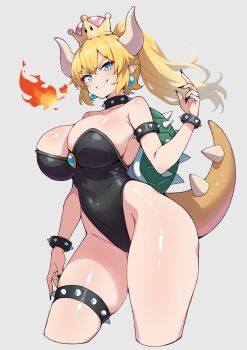 1girl bare_shoulders black_collar black_leotard black_nails blonde_hair blue_eyes bowsette bracelet breasts cleavage collar covered_navel earrings fingernails fire grey_background highres horns jewelry kamidan large_breasts leotard lizard_tail looking_at_viewer mario_(series) medium_hair nail_polish new_super_mario_bros._u_deluxe nintendo pointy_ears sharp_teeth simple_background smile solo sphere_earrings spiked_bracelet spiked_collar spikes strapless strapless_leotard super_crown tail teeth thick_thighs thigh_strap thighs white_horns