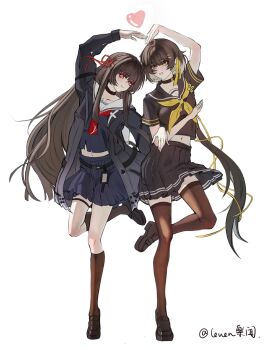 2girls absurdres alternate_costume alternate_hair_length alternate_hairstyle antenna_hair arm_cutout black_choker black_hair black_jacket black_sailor_collar black_serafuku black_shirt black_shoes black_skirt black_thighhighs blush bow breasts chisa_(wuthering_waves) choker closed_mouth clothing_cutout collarbone female_rover_(wuthering_waves) full_body hair_ornament hair_ribbon hairclip hand_up heart heart_hands highres jacket le_wen long_hair long_sleeves looking_at_another miniskirt multiple_girls navel neckerchief parallel_hairclips red_eyes red_neckerchief red_ribbon ribbon rover_(wuthering_waves) sailor_collar school_uniform serafuku shirt shoes skirt smile standing sword thigh_strap thighhighs very_long_hair weapon white_background white_sailor_collar wind wuthering_waves yellow_eyes yellow_ribbon