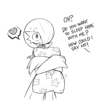 1girl artist_name bob_cut choker dress gardevoir gen_3_pokemon hair_over_one_eye heart highres hugging_object nintendo pillow pillow_hug pokemon pokemon_(creature) signature simple_background smile star_(symbol) star_print superiordutchsauce white_background