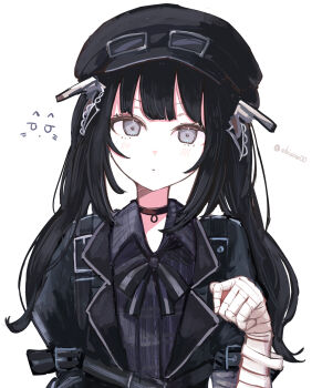 1girl bandaged_arm bandages black_choker black_hair black_hat black_jacket black_ribbon blunt_bangs choker closed_mouth commentary_request ebizou_(ebizou00) goggles goggles_on_headwear grey_eyes hand_up hat highres jacket kurobe_nanoka long_hair looking_at_viewer mahou_shoujo_no_majo_saiban neck_ribbon ribbon simple_background solo twintails upper_body white_background