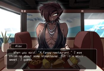 1girl abs albry_(zzzhodazzz) apple_pie black_dress breasts burger character_name chicken_nuggets choker cleavage cloud cloudy_sky corn corn_cob cup dark-skinned_female dark_skin dating dialogue_box disposable_cup dress english_text fast_food food french_fries hado_(zzzhadozzz) hair_over_one_eye highres indoors jewelry looking_at_viewer napkin_holder necklace onion_rings original pie plant potted_plant pov_across_table short_hair sitting sky soda speech_bubble talking tomboy tray window window_blinds