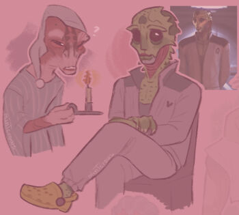 Rule 34 | 2boys, alien, crossed legs, drell, mass effect (series), mordin solus, multiple boys, pajamas, salarian, thane krios, tumblr