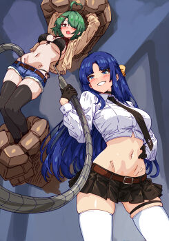 2girls ahoge arms_up bakasp-lilzy bdsm belt belt_buckle black_bra black_choker black_gloves black_necktie black_panties black_skirt black_thighhighs blue_eyes blue_hair blush bondage bound bra breasts brown_cardigan buckle cardigan choker collared_shirt commentary contrapposto crop_top cropped_shirt cutoffs denim denim_shorts english_commentary femdom forehead gloves green_hair grin groin hair_ornament hair_over_one_eye hand_on_own_hip heart heart_ahoge highres holding large_breasts long_bangs long_hair long_sleeves looking_at_another micro_shorts microskirt multiple_girls navel necktie open_cardigan open_clothes open_mouth original panties panty_straps parted_bangs pleated_skirt red_belt shirt short_hair shorts skindentation skirt smile standing stomach straight_hair string_bra thigh_strap thighhighs underwear white_shirt white_thighhighs wing_collar x_hair_ornament yuri zettai_ryouiki