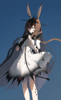 1girl absurdres amiya_(arknights) amiya_(demon_king)_(arknights) animal_ears arknights black_veil blue_background blue_eyes brown_hair closed_mouth commentary_request crown dress feet_out_of_frame floating_crown hachimin8_(shrine_kyo) hair_over_one_eye hands_up highres interlocked_fingers long_hair looking_at_viewer material_growth one_eye_covered oripathy_lesion_(arknights) own_hands_together ponytail rabbit_ears rabbit_girl simple_background smile solo standing torn_clothes torn_dress veil white_dress