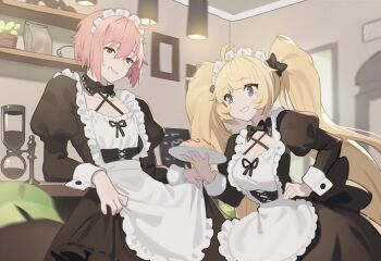 1boy 1girl a_pi ahoge apron bilibili_581334 black_bow black_bowtie black_dress blonde_hair blue_eyes bow bowtie breasts c_chan_(vtuber) cafe chinese_commentary cleavage coffee_maker commentary_request commission crossdressing crossdressing_(mtf) dress food frills hair_between_eyes hair_bow hand_on_own_hip highres hime_cut holding holding_food indie_virtual_youtuber long_bangs long_hair long_sleeves looking_at_another maid maid_apron maid_headdress male_maid omelet omurice open_mouth pink_hair pulling_own_clothes red_eyes second-party_source smile standing teeth twintails very_long_hair wrist_cuffs