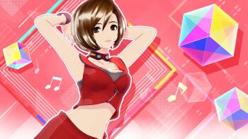 1girl 3d armpits arms_behind_head arms_up bare_shoulders breasts brown_eyes brown_hair cleavage crop_top crop_top_overhang game_cg highres looking_at_viewer meiko_(vocaloid) meiko_(vocaloid3) midriff non-web_source official_art project_diva_(series) project_diva_mega39&#039;s red_background short_hair shorts smile solo vocaloid