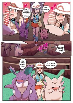 1girl 2boys bestiality blush censored clefable clefairy drooling english_text erection evolution_stone evolutionary_stone fellatio gen_1_pokemon highres implied_sex leaf_(pokemon) licking licking_penis moon_stone multiple_boys navel nidoking nidorino nintendo nipples oral penis pokemon pokemon_(creature) pokemon_frlg pokephilia saliva speech_bubble ukaya_masaru