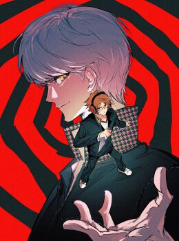 26duuuu 2boys black_jacket black_pants brown_hair closed_mouth full_body glasses grey_hair hanamura_yousuke headphones high_collar highres holding holding_kunai holding_weapon jacket kunai male_focus multiple_boys narukami_yu pants persona persona_4 school_uniform short_hair smile two-tone_background upper_body weapon yasogami_school_uniform yellow_eyes