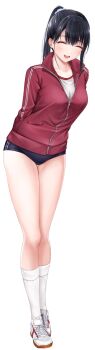 1girl arms_behind_back artist_request black_buruma black_hair breasts buruma closed_eyes facing_viewer full_body gym_shirt highres jacket konomi_yui long_hair medium_breasts official_art open_mouth ponytail red_jacket seifuku_kanojo seifuku_kanojo_2 shirt shoes simple_background smile socks solo standing tachi-e track_jacket transparent_background white_shirt white_shoes white_socks