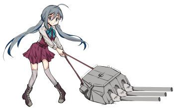 1girl ahoge aqua_bow aqua_bowtie arima_kakkou boots bow bowtie cannon dress full_body grey_eyes grey_hair grey_thighhighs highres kantai_collection kiyoshimo_(kancolle) kiyoshimo_kai_ni_(kancolle) lace-up_boots long_hair low_twintails pleated_dress pulling purple_dress solo thighhighs twintails very_long_hair