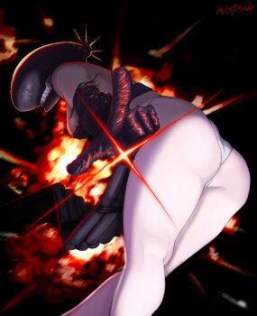 1girl absurdres apron ass ass_focus bent_over black_apron black_gloves bomb_devil_(chainsaw_man) breasts chainsaw_man dynamite elbow_gloves explosive gloves highres looking_back medium_breasts panties pointing pointing_at_viewer solo teeth underwear wetsoosh white_panties