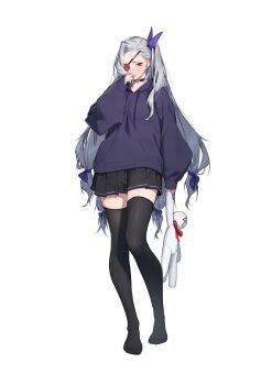 1girl absurdres arm_at_side beeeeen black_choker black_skirt black_thighhighs bow bright_pupils choker commentary drawstring earrings eyepatch finger_to_mouth fingernails full_body grey_hair hair_bow hair_ribbon heart heart_choker heart_eyepatch heart_o-ring highres holding holding_stuffed_toy hood hood_down hoodie jewelry last_origin lemonade_gamma long_hair long_sleeves looking_at_viewer miniskirt no_shoes o-ring o-ring_choker one_eye_covered one_side_up parted_bangs pleated_skirt pocket puffy_long_sleeves puffy_sleeves purple_bow purple_hoodie purple_ribbon red_eyes ribbon simple_background single_horizontal_stripe skirt sleeves_past_fingers sleeves_past_wrists solo standing striped_clothes striped_skirt stud_earrings stuffed_animal stuffed_rabbit stuffed_toy thighhighs transparent_background very_long_hair white_pupils zettai_ryouiki