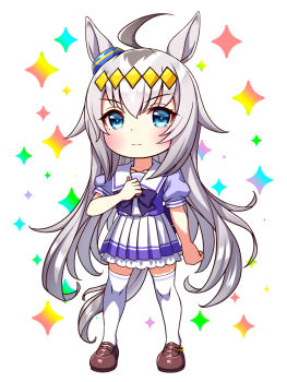 1girl ahoge animal_ears blue_eyes blush bow bowtie breasts chibi chibi_only closed_mouth collarbone commentary_request ear_ornament full_body grey_hair grey_tail hair_between_eyes hair_ornament hairband highres horse_ears horse_girl horse_tail long_hair looking_at_viewer multicolored_hair oguri_cap_(umamusume) pleated_skirt puffy_short_sleeves puffy_sleeves purple_bow purple_bowtie purple_shirt sailor_collar sailor_shirt school_uniform shirt shoes short_sleeves skirt solo sugimotty_nova tail thighhighs tracen_school_uniform umamusume white_sailor_collar white_skirt white_thighhighs zettai_ryouiki