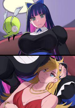 2girls 2koma absurdres bangle bare_shoulders black_dress blonde_hair blue_eyes blue_hair blunt_bangs bracelet breasts bright_pupils brown_eyeshadow chuck_(psg) cleavage closed_mouth collarbone colored_inner_hair comic commentary couple dress earrings expressionless eye_contact eyebrows_hidden_by_hair bad_tag frieren_lap_pillow_(meme) from_above from_below hair_between_eyes half-closed_eyes head_down highres hoop_earrings indoors jewelry jourd4n juliet_sleeves lap_pillow large_breasts long_sleeves looking_at_another looking_down looking_up meme multicolored_hair multiple_girls neck necklace panty_&amp;_stocking_with_garterbelt panty_(psg) puffy_sleeves purple_hair red_dress serious shade small_breasts sousou_no_frieren spaghetti_strap stocking_(psg) upper_body white_pupils yuri