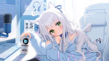 1girl against_desk animal_collar animal_ears arm_rest bloom blue_hoodie blue_nails blue_ribbon blunt_bangs blurry can cat_ears cat_girl cat_tail chair closed_mouth collar computer computer_keyboard day depth_of_field gaming_chair green_eyes hair_ribbon halo halterneck hand_on_own_arm handheld_game_console hands_up happy highres holding holding_can hood hood_down hoodie indie_virtual_youtuber indoors leaning_forward leaning_to_the_side light_blush light_smile long_hair long_sleeves maten_matyu melting_halo microphone monitor nail_polish nintendo_switch on_chair open_clothes open_hoodie ribbon same_jarashi second-party_source sitting solo sunlight swivel_chair tail tail_ornament tail_ribbon two_side_up upper_body very_long_hair wavy_hair white_hair window