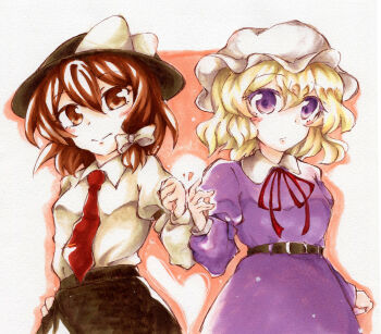 Rule 34 | 2girls, belt, black belt, black skirt, blonde hair, blush, brown hair, clenched hand, closed mouth, collared dress, collared shirt, contrast collar, dress, dress ribbon, hair between eyes, hand on own hip, hat, heart, long sleeves, looking at viewer, maribel hearn, marker (medium), mob cap, multiple girls, necktie, purple eyes, red necktie, red ribbon, ribbon, sanwa no jako (daikichi club), shirt, shirt tucked in, short hair, skirt, sleeve cuffs, sleeve garter, smile, touhou, traditional media, two-tone background, usami renko, valentine, white hat, white shirt