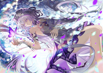 1girl absurdres bare_legs bare_shoulders bow breasts bright_pupils bug butterfly castorice_(honkai:_star_rail) dress feet_out_of_frame flower grey_hair hair_flower hair_ornament highres honkai:_star_rail honkai_(series) insect medium_breasts pink_eyes solo tongyu white_bow white_flower white_pupils
