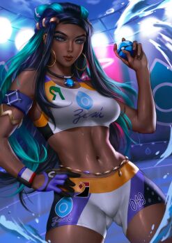 1girl bike_shorts breasts clothes_writing dark-skinned_female dark_skin earrings gloves highres hoop_earrings jewelry large_breasts logan_cure md5_mismatch multicolored_shorts nessa_(pokemon) nintendo pokemon pokemon_swsh print_shorts resolution_mismatch shorts shorts_writing solo source_larger source_mismatch sports_bra