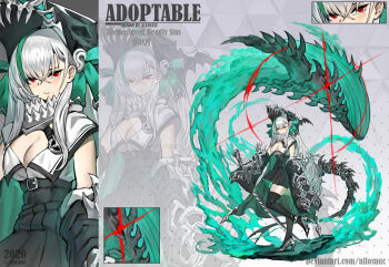 1girl 2020 adoptable allosauc aqua_bow artist_name belt belt_buckle black_belt black_skirt black_sleeves black_thighhighs bow breasts buckle reference_sheet chimera cleavage cleavage_cutout close-up closed_mouth clothing_cutout commentary cowboy_shot detached_sleeves deviantart_username dragon english_commentary english_text eyelashes full_body glowing glowing_eye gradient_background green_hair grey_background grey_footwear hair_bow helm helmet high-waist_skirt high_heels highres large_breasts light_blush long_hair long_sleeves miniskirt multicolored_hair multiple_views original pleated_skirt polka_dot polka_dot_background projected_inset puffy_long_sleeves puffy_sleeves red_eyes seven_deadly_sins shirt short_sleeves sidelocks simple_background skirt skull-shaped_hat sleeves_past_fingers sleeves_past_wrists streaked_hair thighhighs triangle_background waves wavy_mouth whale whale_hat white_hair white_headwear white_shirt white_sleeves zettai_ryouiki