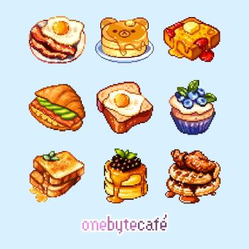 Rule 34 | bacon, blueberry, bread, bread slice, chicken (food), croissant, egg (food), food, food focus, fried egg, fruit, maple syrup, meat, muffin, no humans, one byte cafe, original, pancake, pixel art, toast, waffle