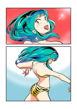 1girl absurdres animal_print aqua_hair bikini commentary_request cone_horns eyelashes from_behind highres horns long_hair looking_at_viewer lum multiple_views open_mouth orange_eyes pointy_ears sharp_teeth swimsuit takahashi_rumiko_(style) teeth tiger_print uesuto_(westriver) upper_body urusei_yatsura