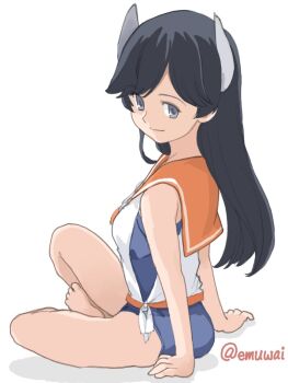 1girl black_hair blue_one-piece_swimsuit emuwai from_behind grey_hair hashtag-only_commentary headgear i-400_(kancolle) kantai_collection long_hair one-hour_drawing_challenge one-piece_swimsuit orange_sailor_collar sailor_collar school_swimsuit shirt side-tie_shirt sleeveless sleeveless_shirt solo swimsuit swimsuit_under_clothes